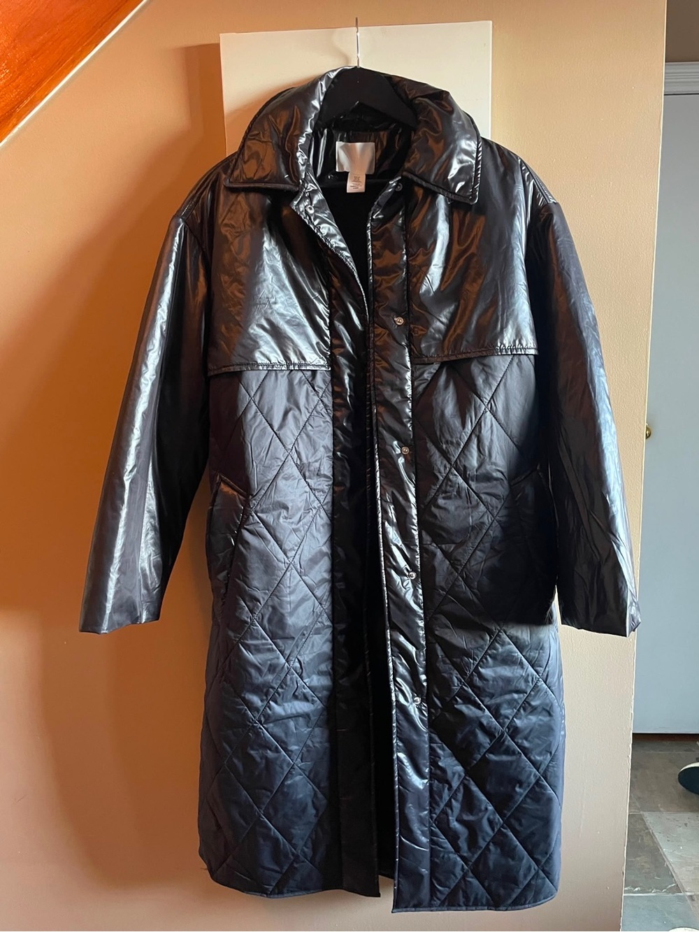 H&M Shiny Black Quilted Long Puffer Coat